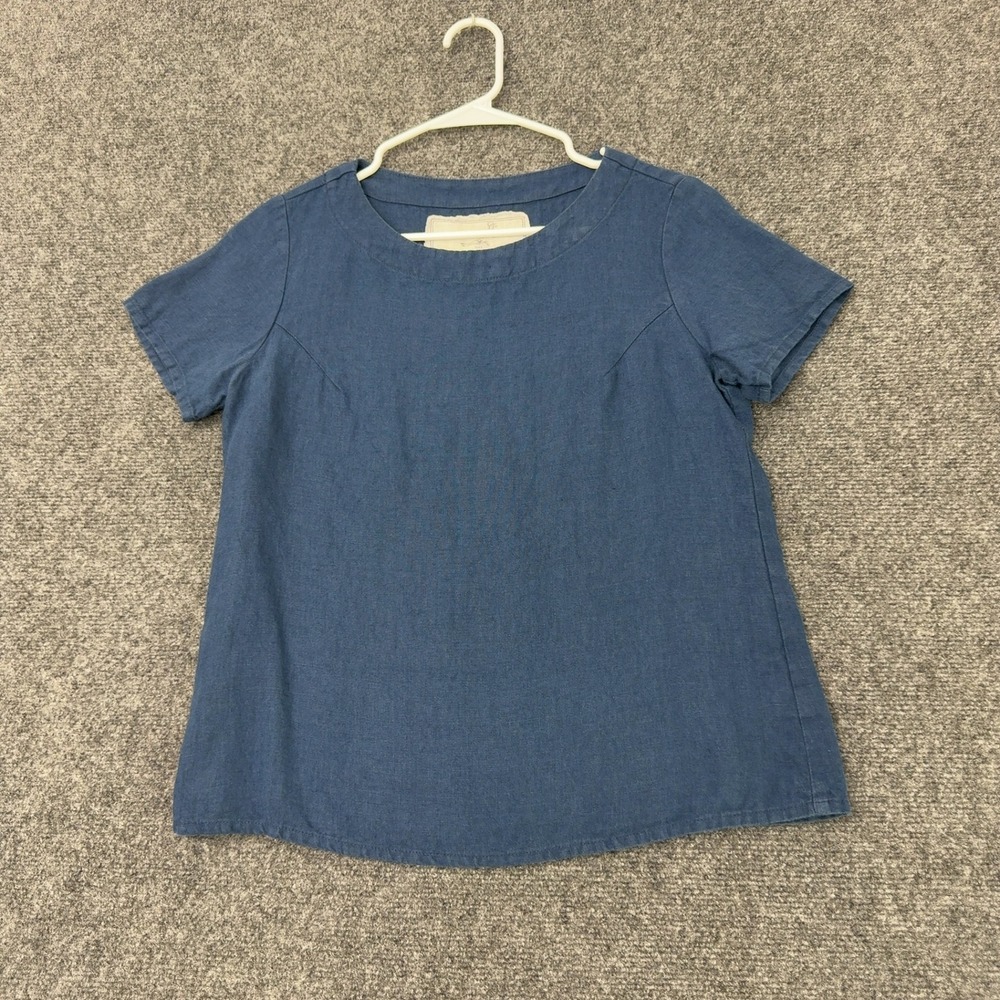 Not Perfect Linen Shirt Womens S Blue Linen Short Sleeve Scoop Neck Minimalist